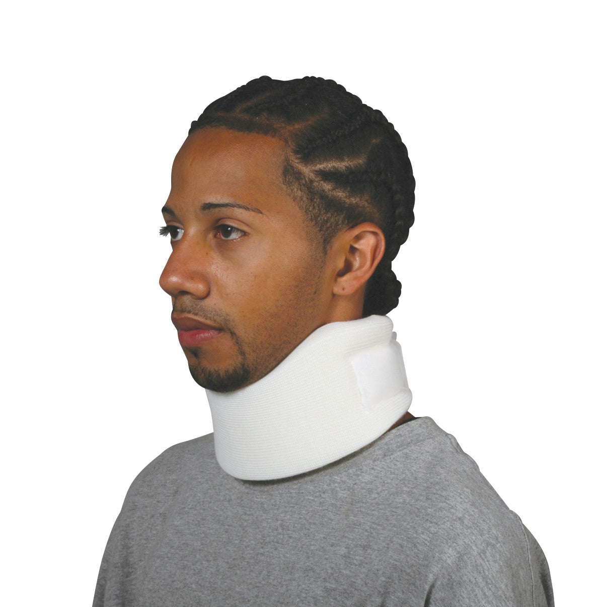 A person wears an EZY Wrap Economy Universal Cervical Collar, a white foam neck brace, while wearing a gray shirt.