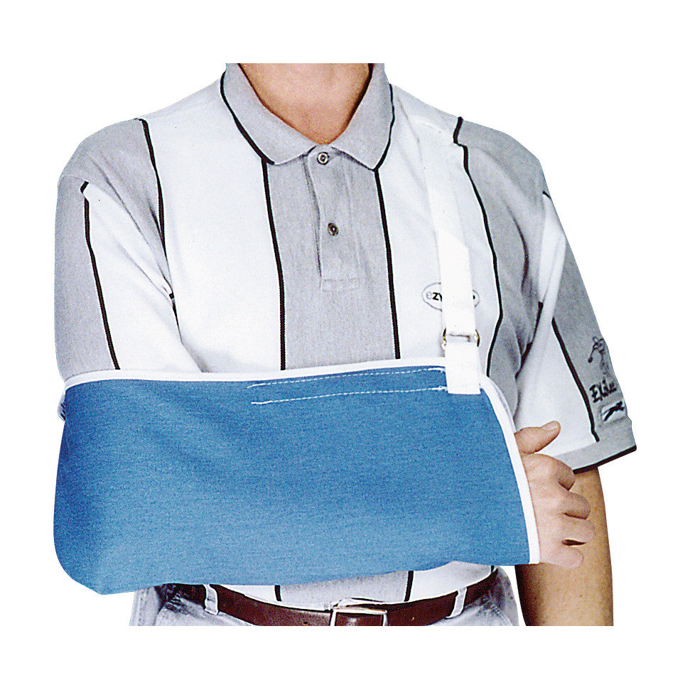 A person wears a "Universal Arm Sling" with a blue fabric and white strap, supporting their arm against a gray-striped shirt.