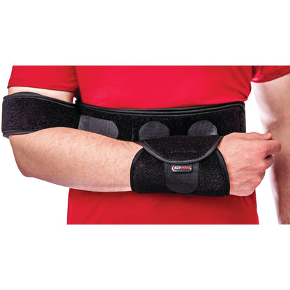 A person wearing an Elastic Torso Belt Shoulder Immobilizer in black, securing the arm across the torso over a red shirt.