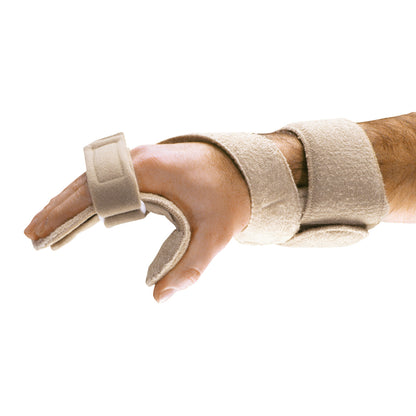 A person wears an AliMed Omni Progressive WHT Orthosis, a beige hand and wrist brace with adjustable straps for support.