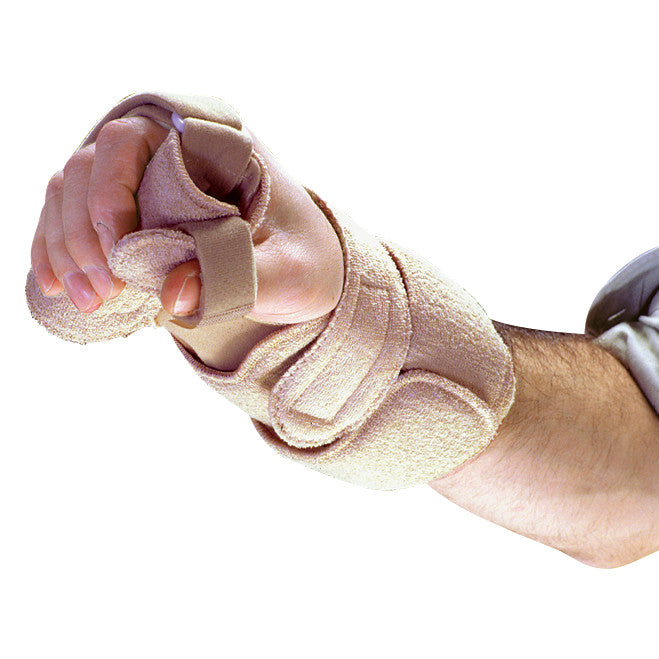 An arm wearing the AliMed Omni Progressive WHT Orthosis, a beige wrist support with straps, against a plain white background.