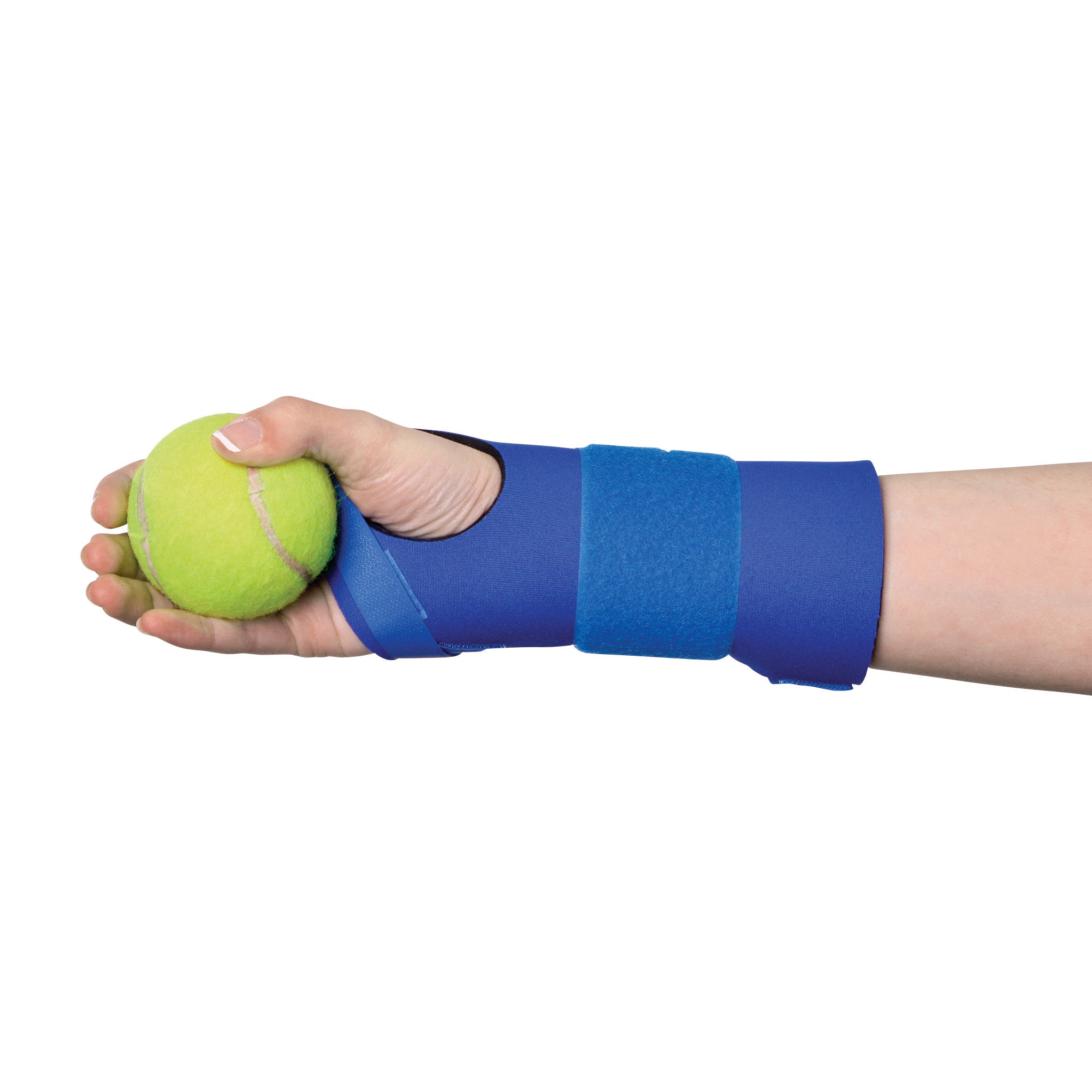 A hand wearing the AliMed FREEDOM Neoprene CTS Grip-Fit Splint holds a tennis ball. The blue splint supports the wrist and thumb.