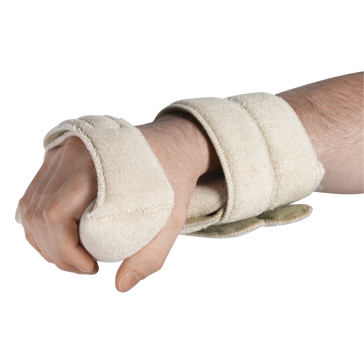 A person wearing the AliMed Ultimate Grip Splint, designed in beige fabric, supporting the hand and wrist with padding and straps.