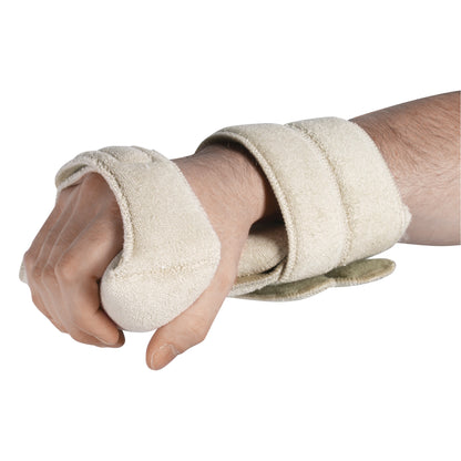 A person wearing the AliMed Ultimate Grip Splint, designed in beige fabric, supporting the hand and wrist with padding and straps.