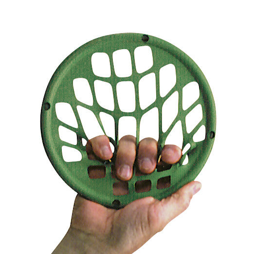 A hand grips the green Power-Web Jr. Exerciser, a circular, flexible resistance tool with a webbed design for hand exercises.