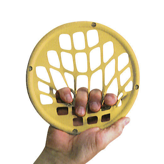 A hand grips a yellow Power-Web Jr. Exerciser, featuring a webbed design for strengthening hand and finger muscles.