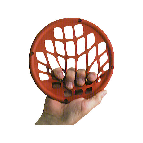 A hand holds a red Power-Web Jr. Exerciser, featuring a circular frame with a web-like pattern for resistance training.