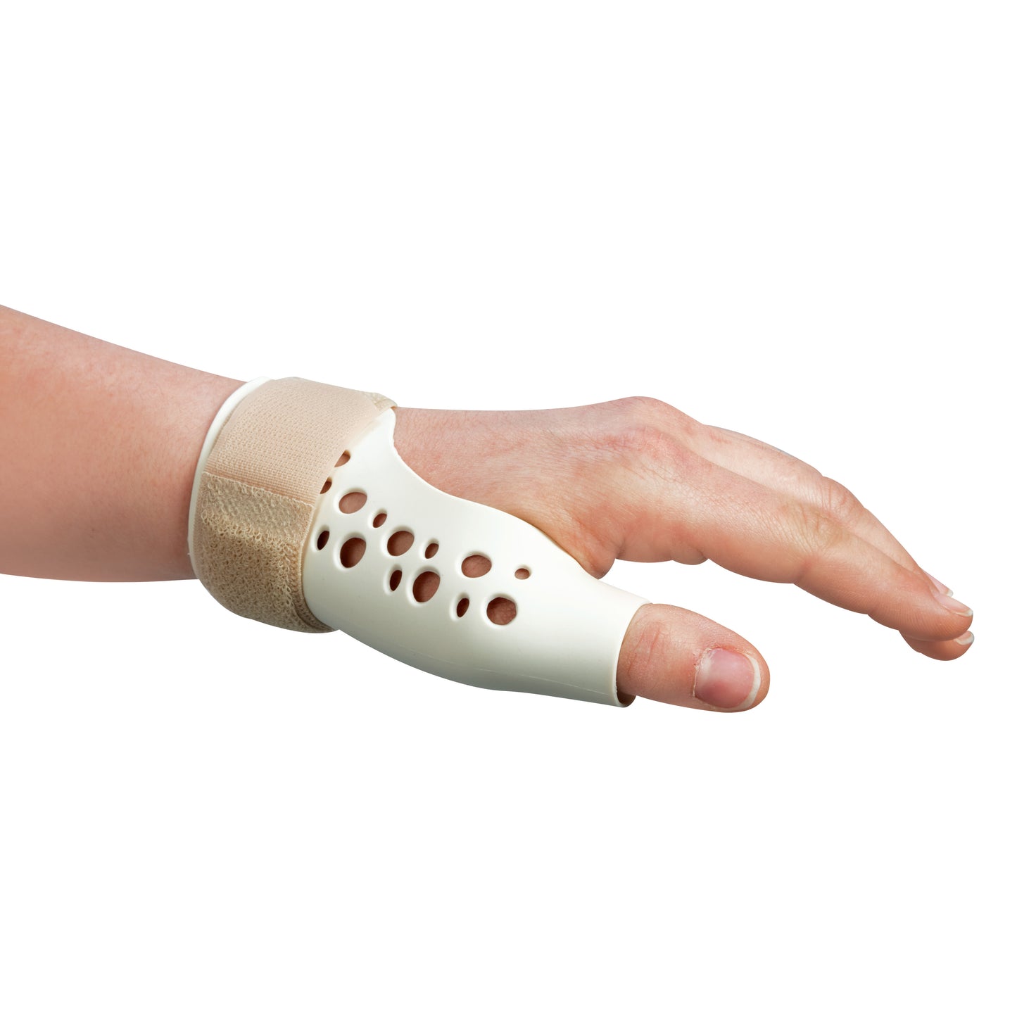 A hand wearing the "European Thumb Spica," a white splint with ventilation holes, secured by a beige strap to support the thumb.