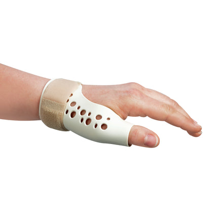 A hand wearing the "European Thumb Spica," a white splint with ventilation holes, secured by a beige strap to support the thumb.