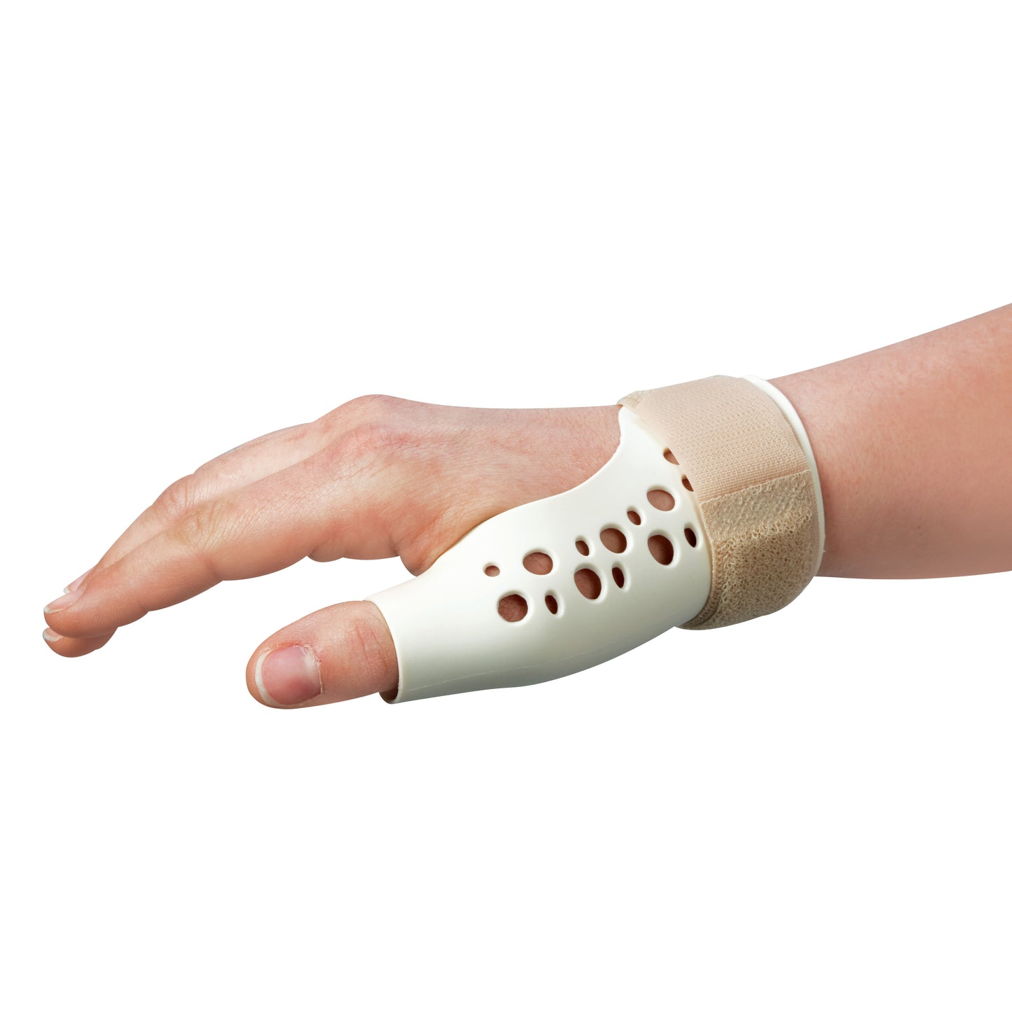 A hand wears a European Thumb Spica, a white orthopedic brace with ventilation holes and a beige strap, supporting the thumb.