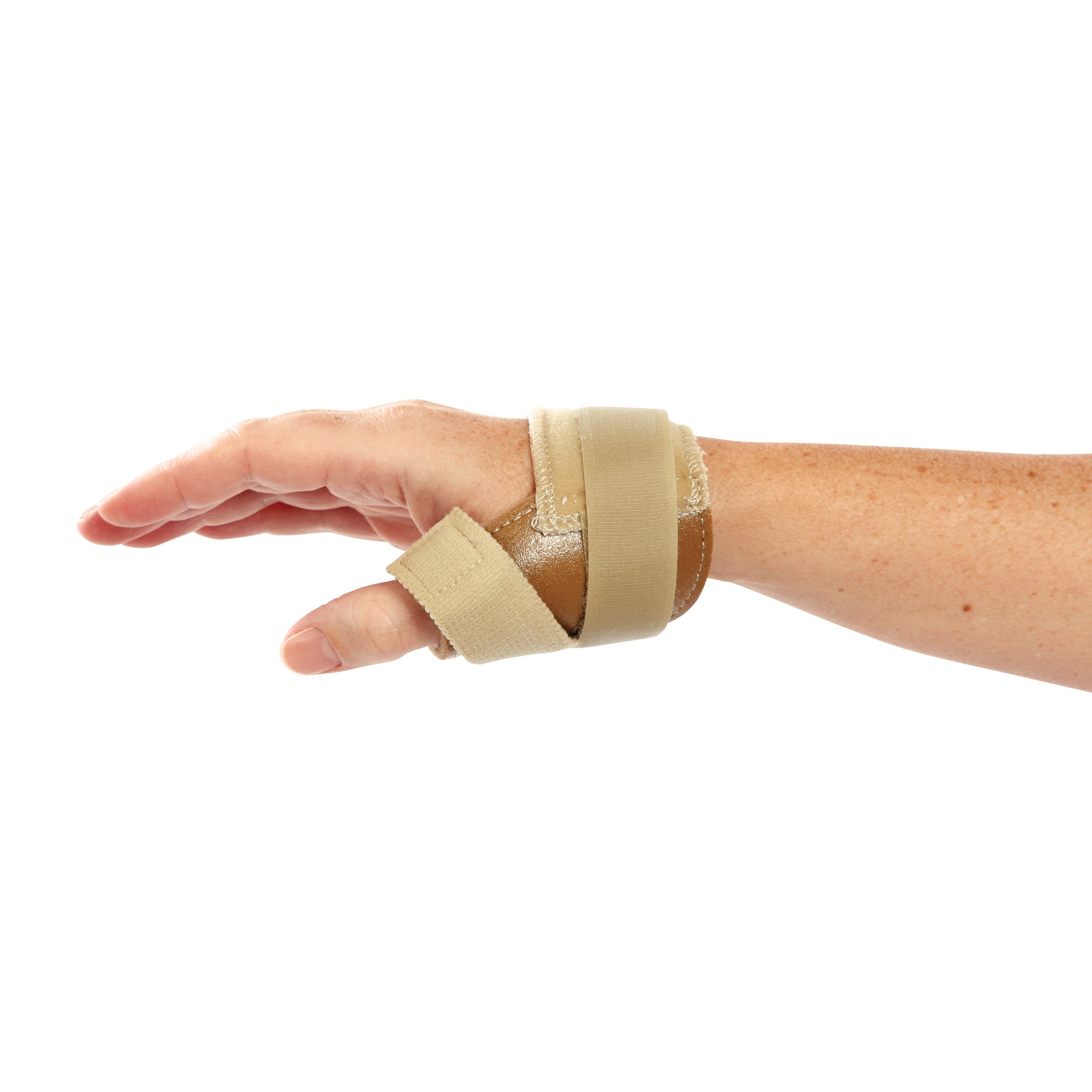A hand wearing an AliMed FREEDOM Thumb Stabilizer, providing support with beige straps around the thumb and wrist.