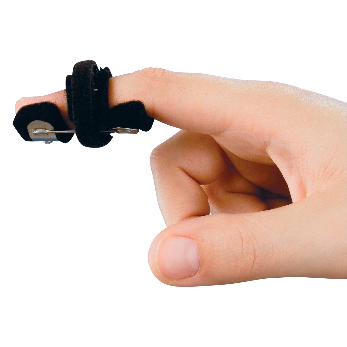 A hand demonstrates the Bunnell Mini-Modified Safety Finger Pin, secured to the finger with a black strap.