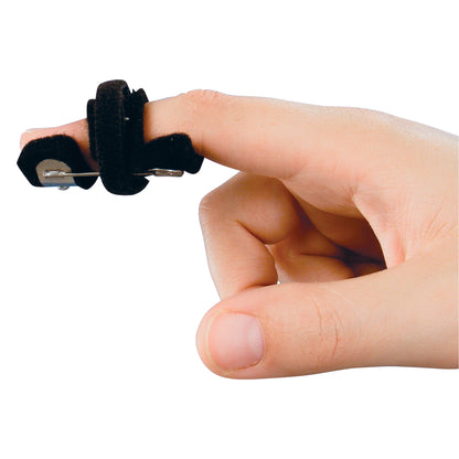 A hand demonstrates the Bunnell Mini-Modified Safety Finger Pin, secured to the finger with a black strap.