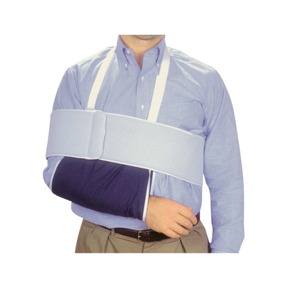 A person wears a blue "Sling and Swathe" arm support over a light blue shirt, with their arm immobilized against the torso.