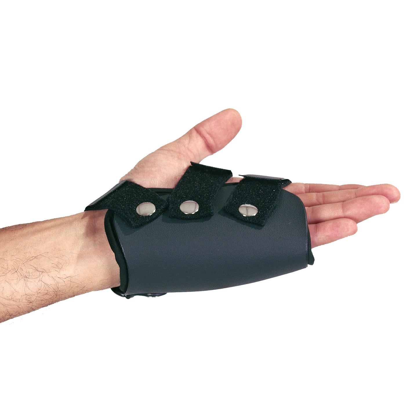 A hand wearing the AliMed FREEDOM comfort Boxer's Fracture Orthoses with MP Extension, featuring straps and metal snaps.