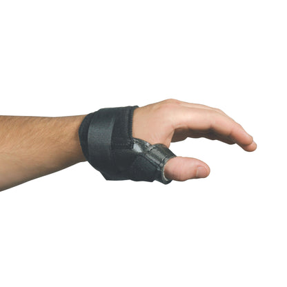 A person's hand wearing an AliMed FREEDOM Thumb Stabilizer, featuring adjustable straps and supporting the thumb and wrist.