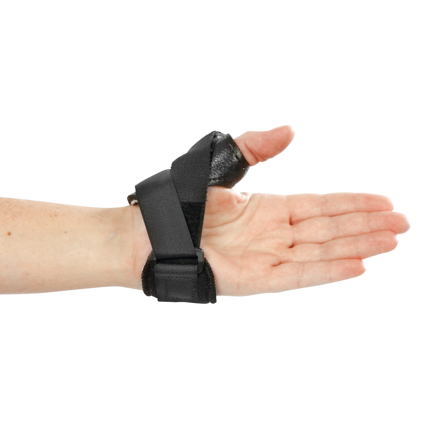 A hand wearing the AliMed FREEDOM Thumb Stabilizer, featuring black straps supporting the thumb and wrist for stabilization.