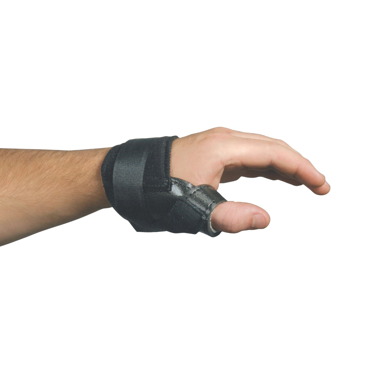 A hand wearing the AliMed FREEDOM Thumb Stabilizer, a black brace supporting the thumb and wrist, against a plain background.