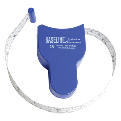 The Baseline Measurement Tape is a blue, ergonomic tape measure with a white tape extending up to 60 inches or 150 cm.
