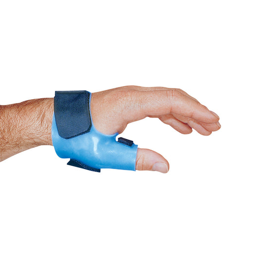 A hand wearing the AliMed SportsFit Hand/Thumb Orthosis, a blue and black brace for thumb support and stabilization.