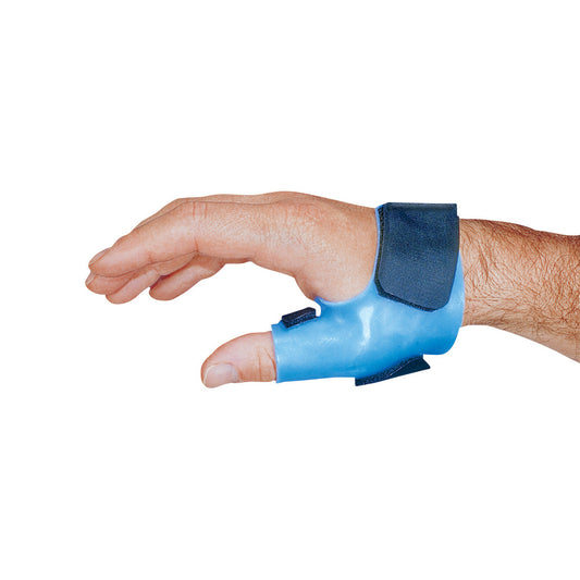 A hand wearing the AliMed SportsFit Hand/Thumb Orthosis, a blue splint supporting the thumb and wrist with adjustable straps.