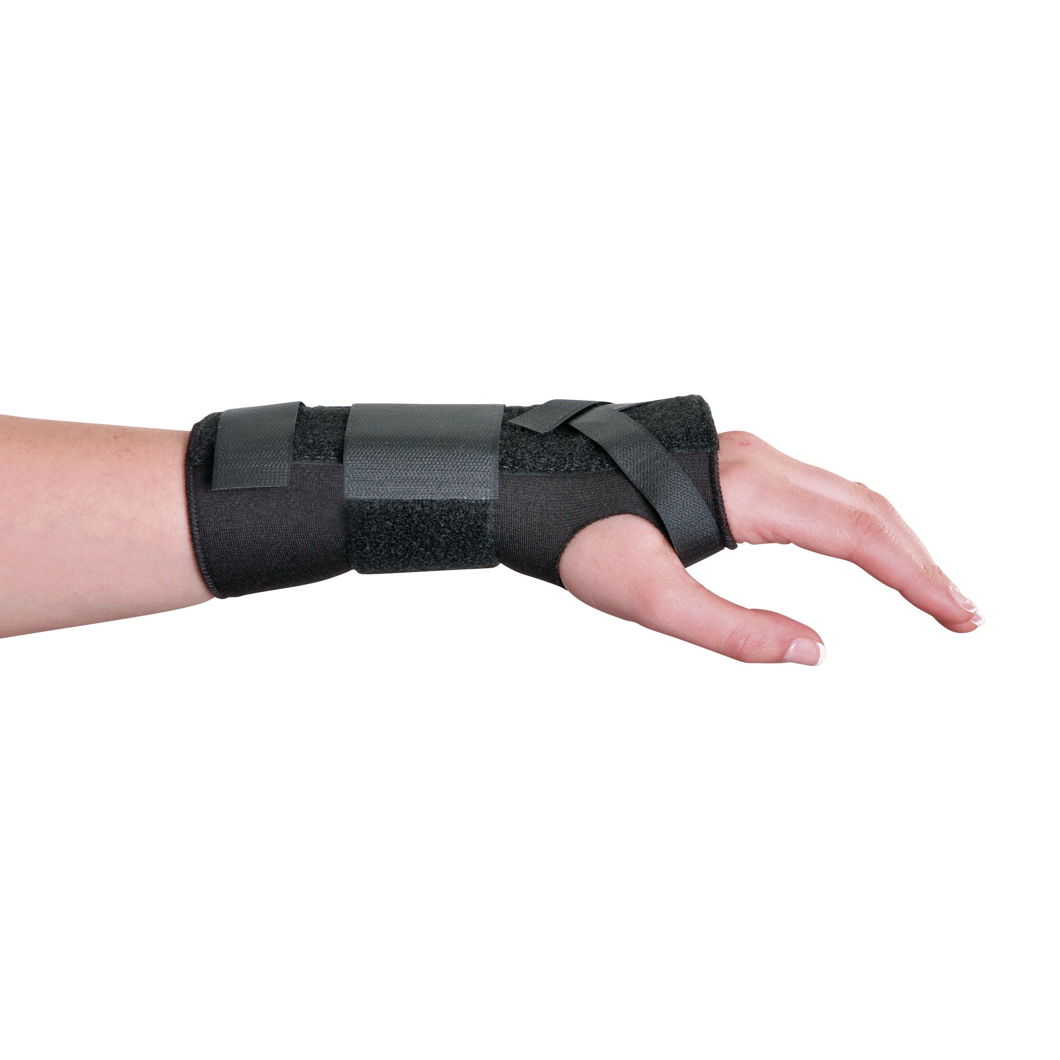 A hand wearing the AliMed FREEDOM AliDry CTS Grip-Fit Splint, a black wrist support with adjustable straps for stability.