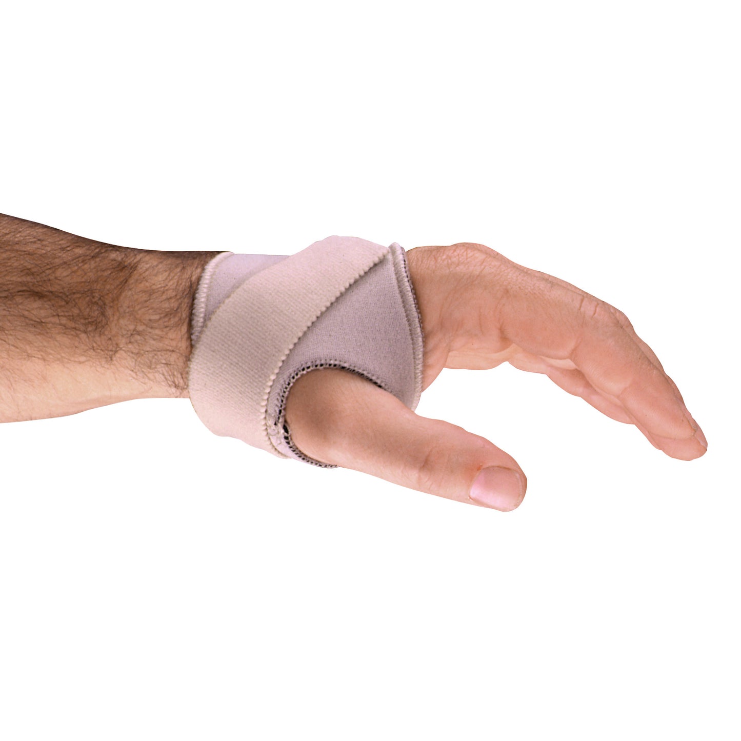 A hand wearing the beige AliMed FREEDOM Neoprene CMC ThumbFit Support, designed to provide thumb support and stability.