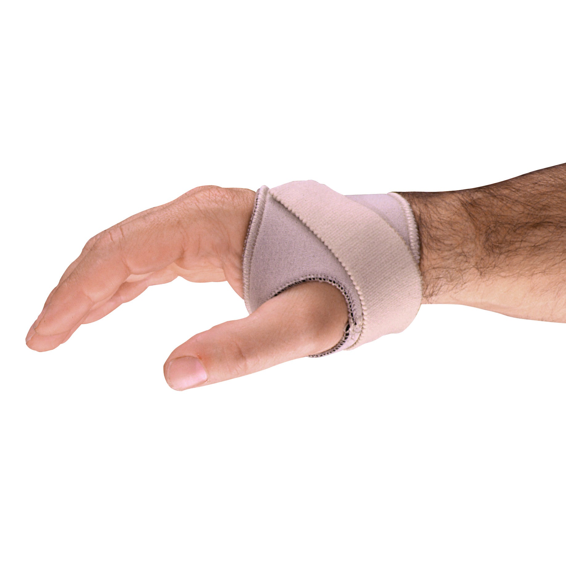 A hand wears the AliMed FREEDOM Neoprene CMC ThumbFit Support, providing beige support around the thumb and wrist.