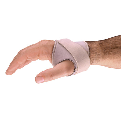 A hand wears the AliMed FREEDOM Neoprene CMC ThumbFit Support, providing beige support around the thumb and wrist.