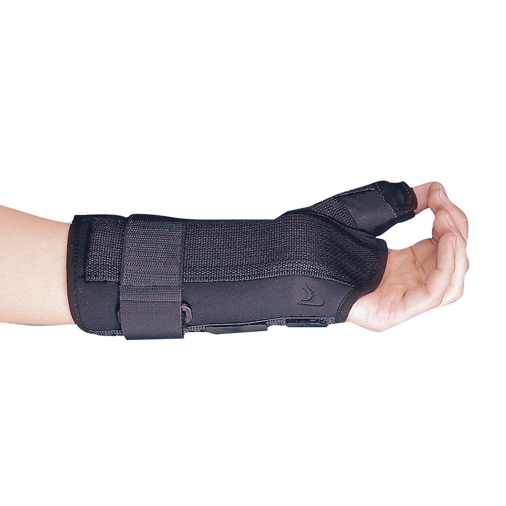 A hand wearing an Ossur Formfit Thumb Spica Splint, which is a black wrist brace supporting the thumb and wrist.