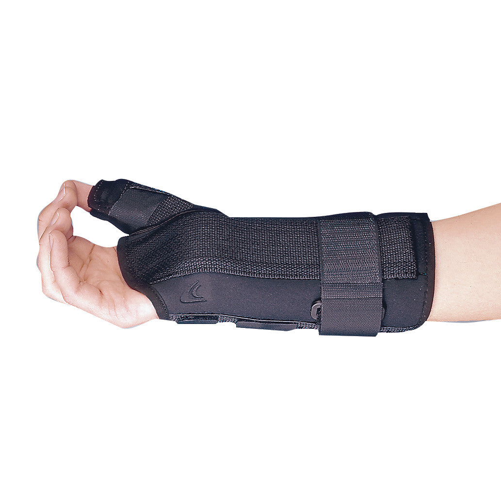 A person's hand wears an Ossur Formfit Thumb Spica Splint, designed for thumb and wrist support, in a black, adjustable design.