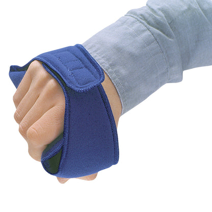 A hand wearing the AliMed GripRoll, a blue hand and wrist support wrap, with a closed fist.