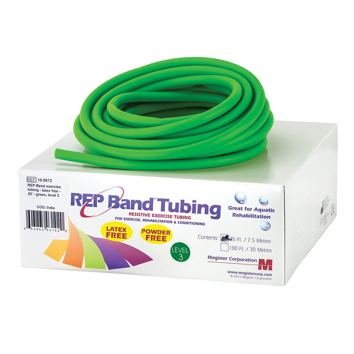 Coiled green REP Band Non-Latex Tubing on a white box. The box highlights its use for exercise and rehabilitation, level 3.