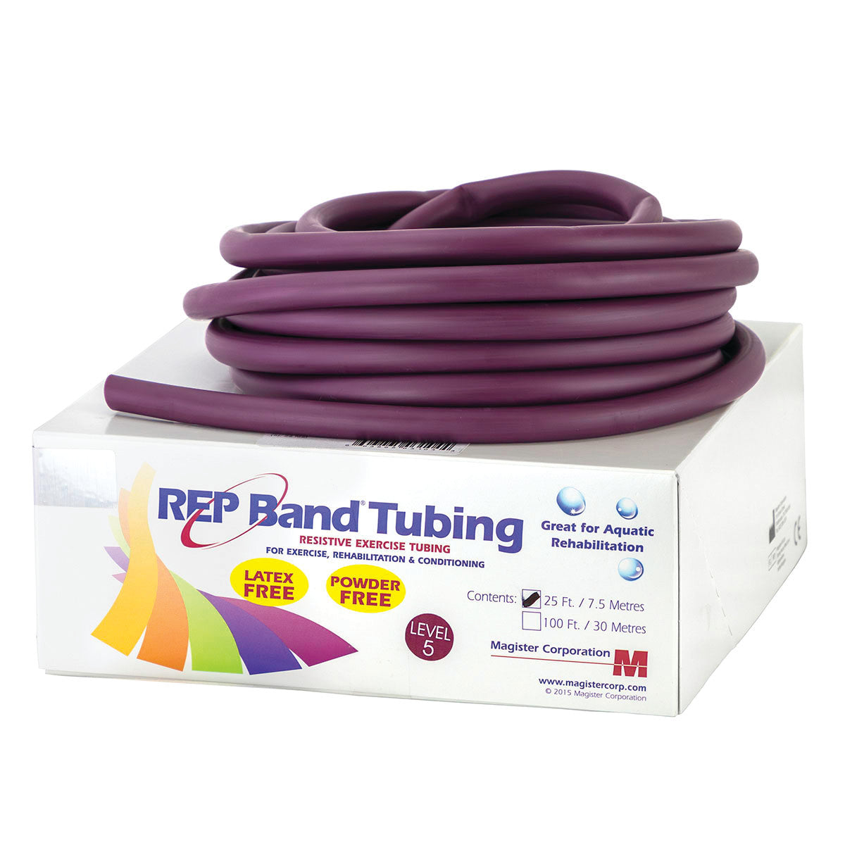 Coiled purple REP Band Non-Latex Tubing for exercise sits on its packaging box labeled "Level 5," suitable for rehabilitation.
