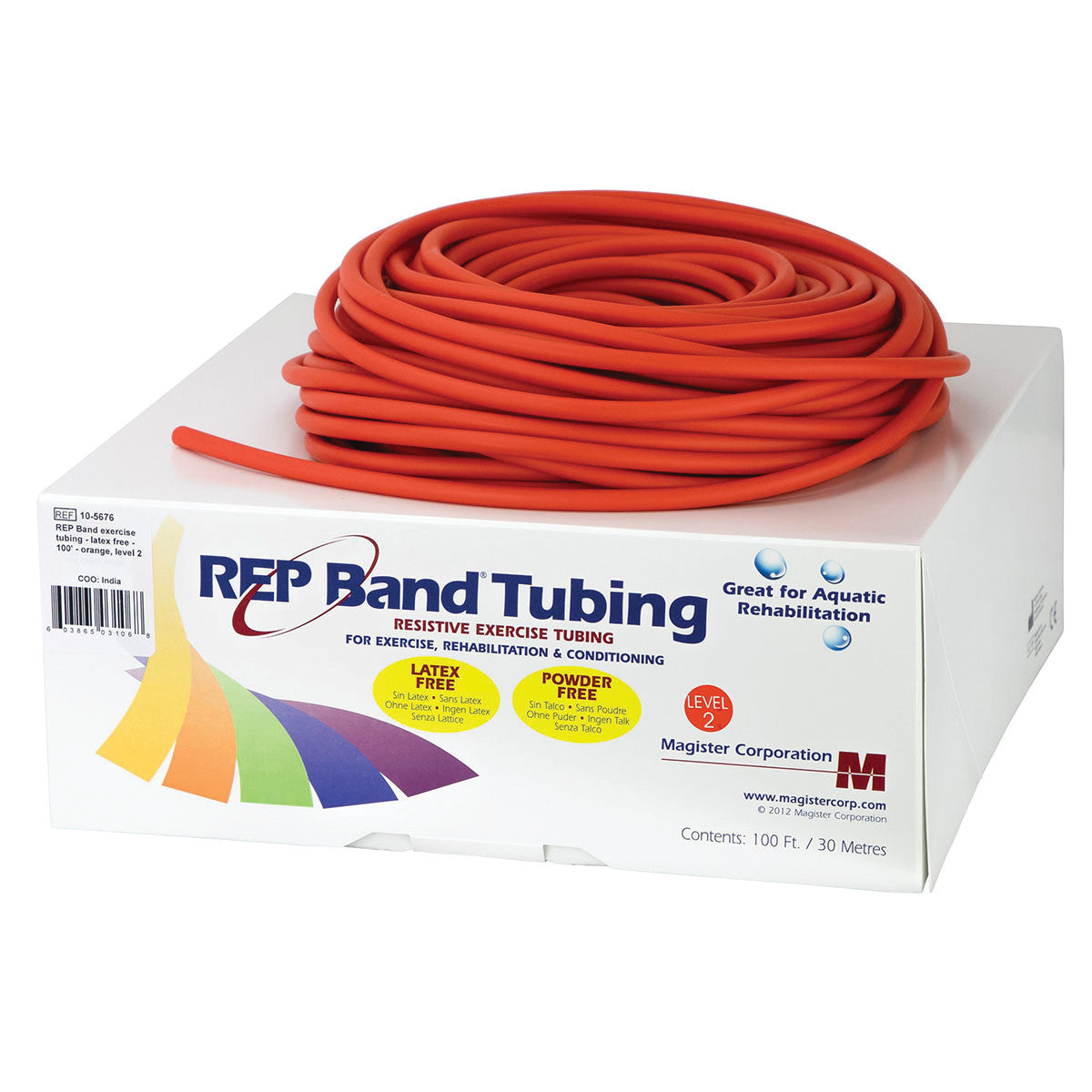 Coiled orange REP Band Non-Latex Tubing on a labeled box for exercise, rehabilitation, and conditioning.