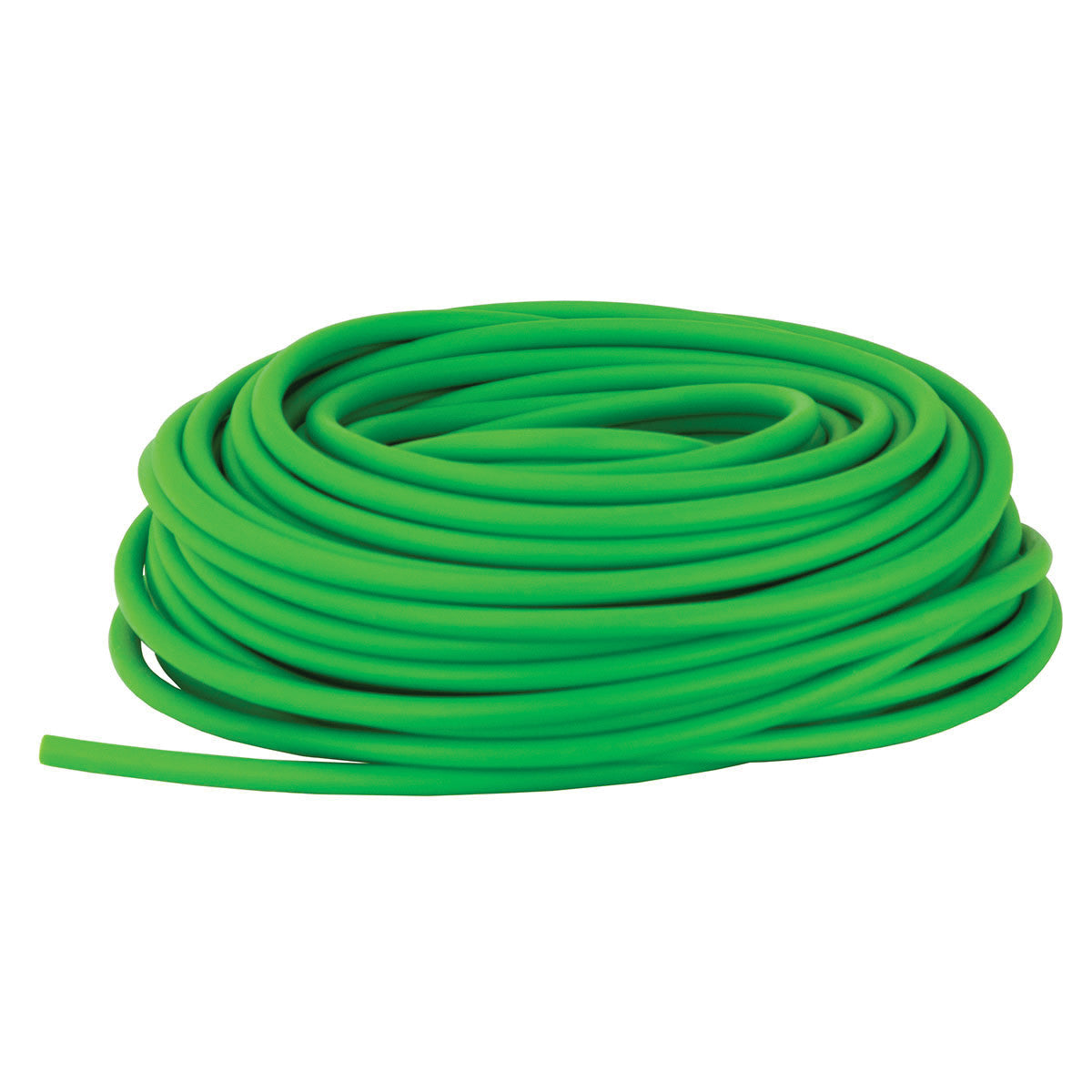 A coiled length of green REP Band Non-Latex Tubing sits against a white background.