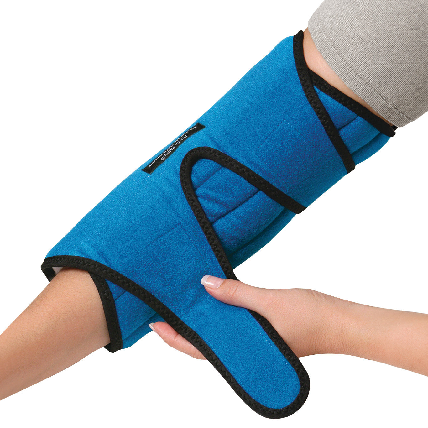 A person wraps a Brownmed IMAK RSI Pil-O-Splint Adjustable Elbow Support, blue with black trim, around their arm.