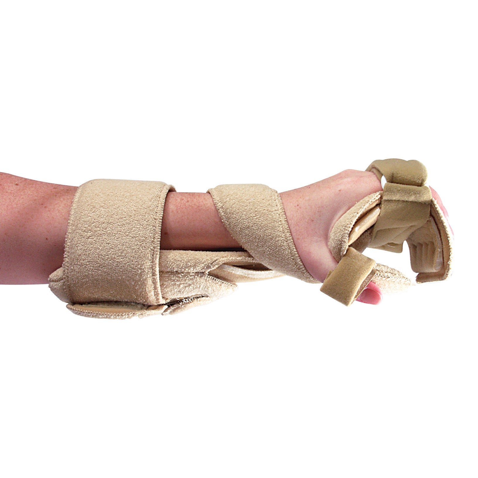 A hand wearing the AliMed Omni Progressive WHT Orthosis, a beige hand and wrist support brace designed for therapeutic use.