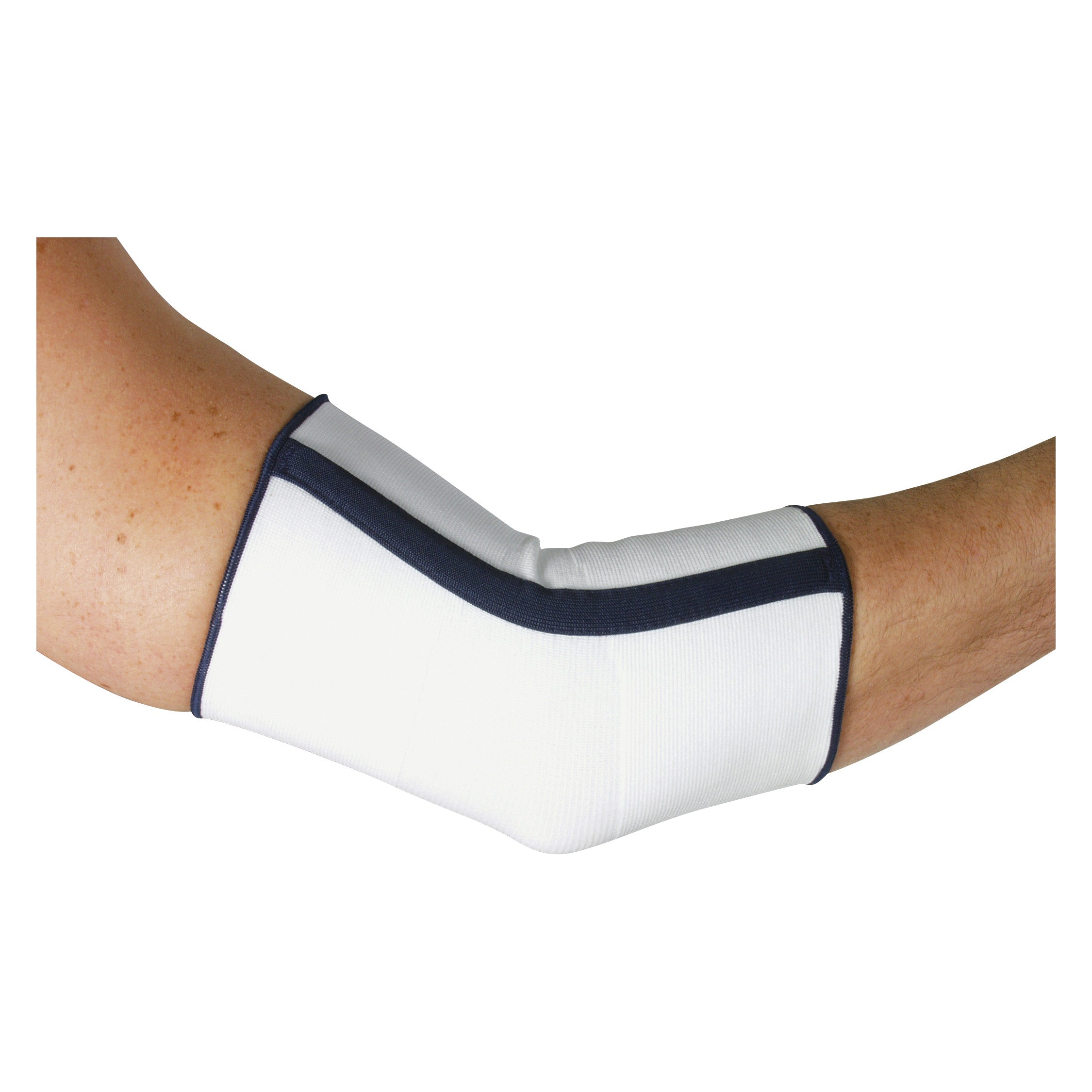 An arm wearing an AliMed Elbow Compression Sleeve, white with dark trim, providing support and compression to the elbow area.