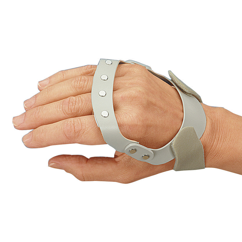 A hand wearing a 3pp Polycentric Hinged Ulnar Deviation Splint, designed for support and alignment to manage ulnar deviation.