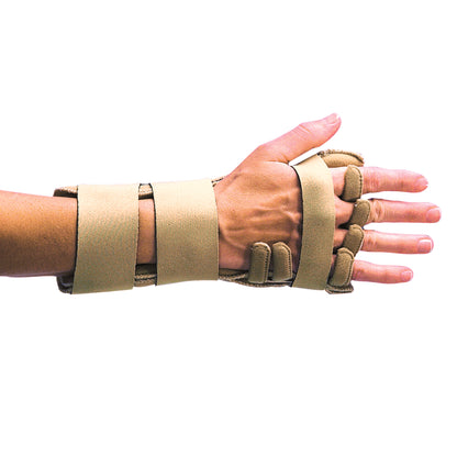 A hand wearing the 3pp Comforter Splint, a beige support brace with straps for immobilizing and protecting the wrist and fingers.