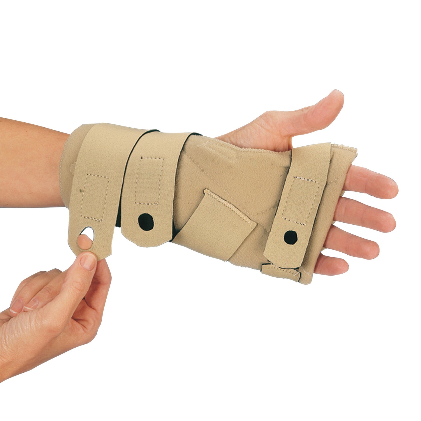 A hand wears a beige 3pp Comforter Splint with adjustable straps, providing wrist support. A person adjusts the strap.