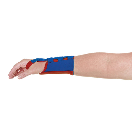 A hand wearing a FREEDOM USA Short Elastic Wrist Support, in blue and red, with straps for secure fitting.