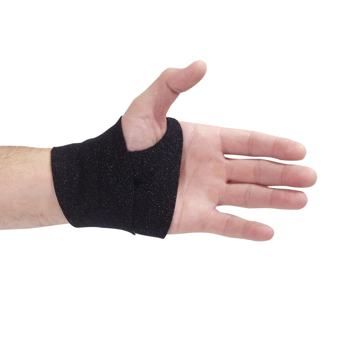 A hand wearing an AliMed FREEDOM comfort fabrifoam Wrist Wrap, featuring a black, flexible fabric supporting the wrist.