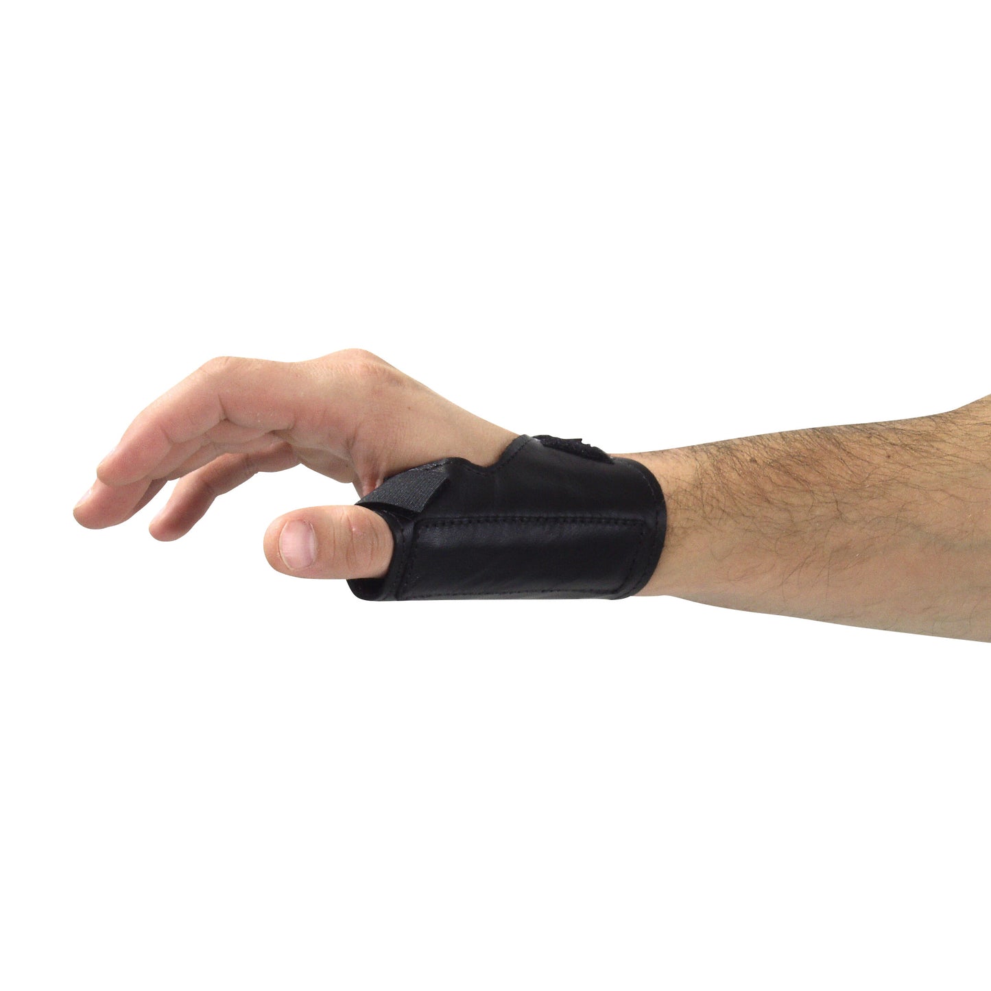 An arm is wearing the AliMed Low-Profile Thumb Stabilizer in black, supporting the thumb and wrist on a white background.