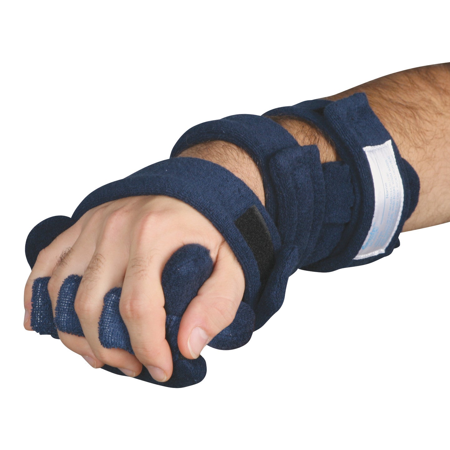 A hand wearing the Comfy Splints Adult Hand/Thumb Orthosis in navy blue, designed for hand support and immobilization.