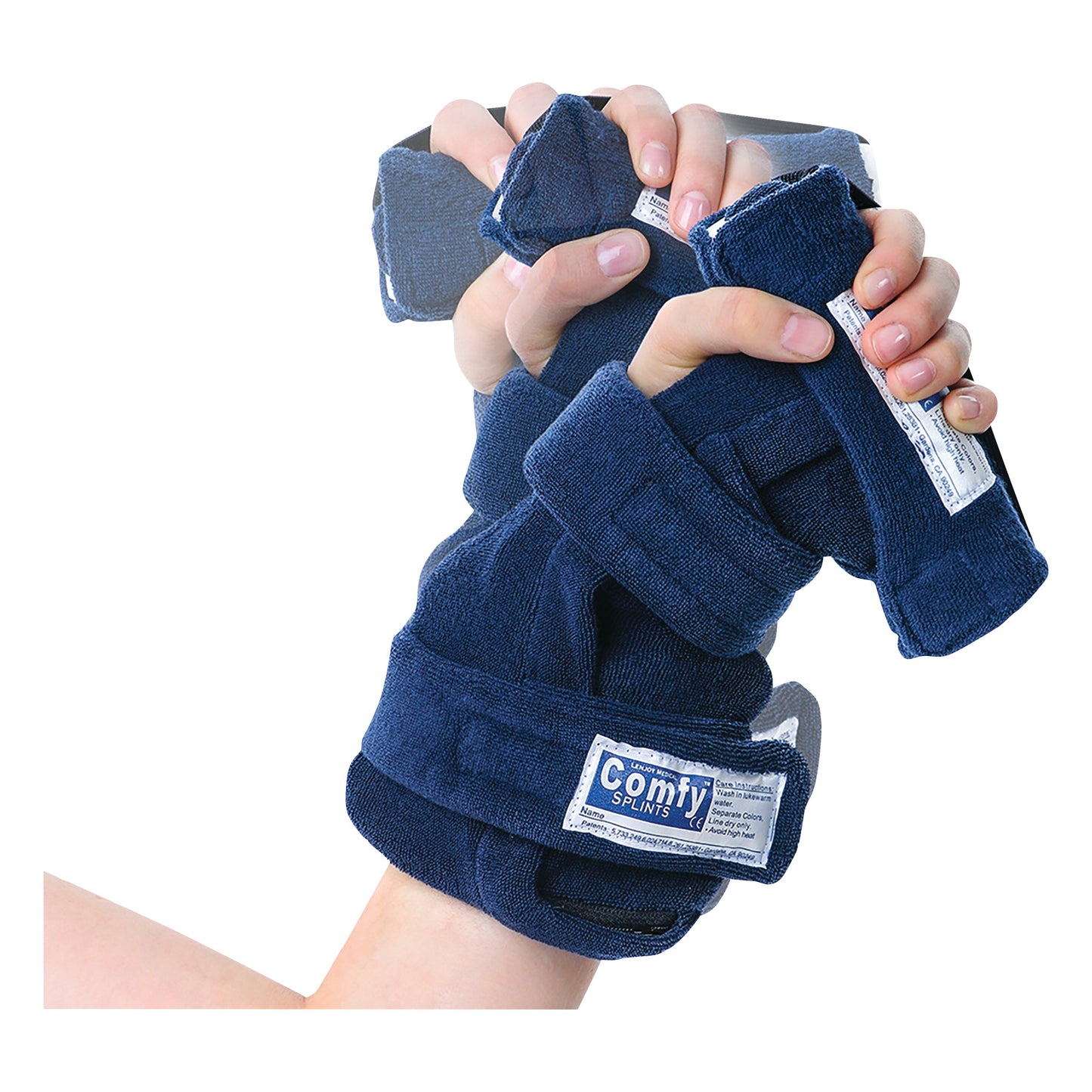 A hand wearing the Comfy Splints Adult Deviation Finger Extender Hand Orthosis, a blue brace with adjustable straps for support.