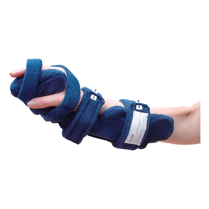 An arm is fitted with a Comfy Splints Adult Cuddler Hand/Wrist Orthosis, a blue padded support with adjustable straps.
