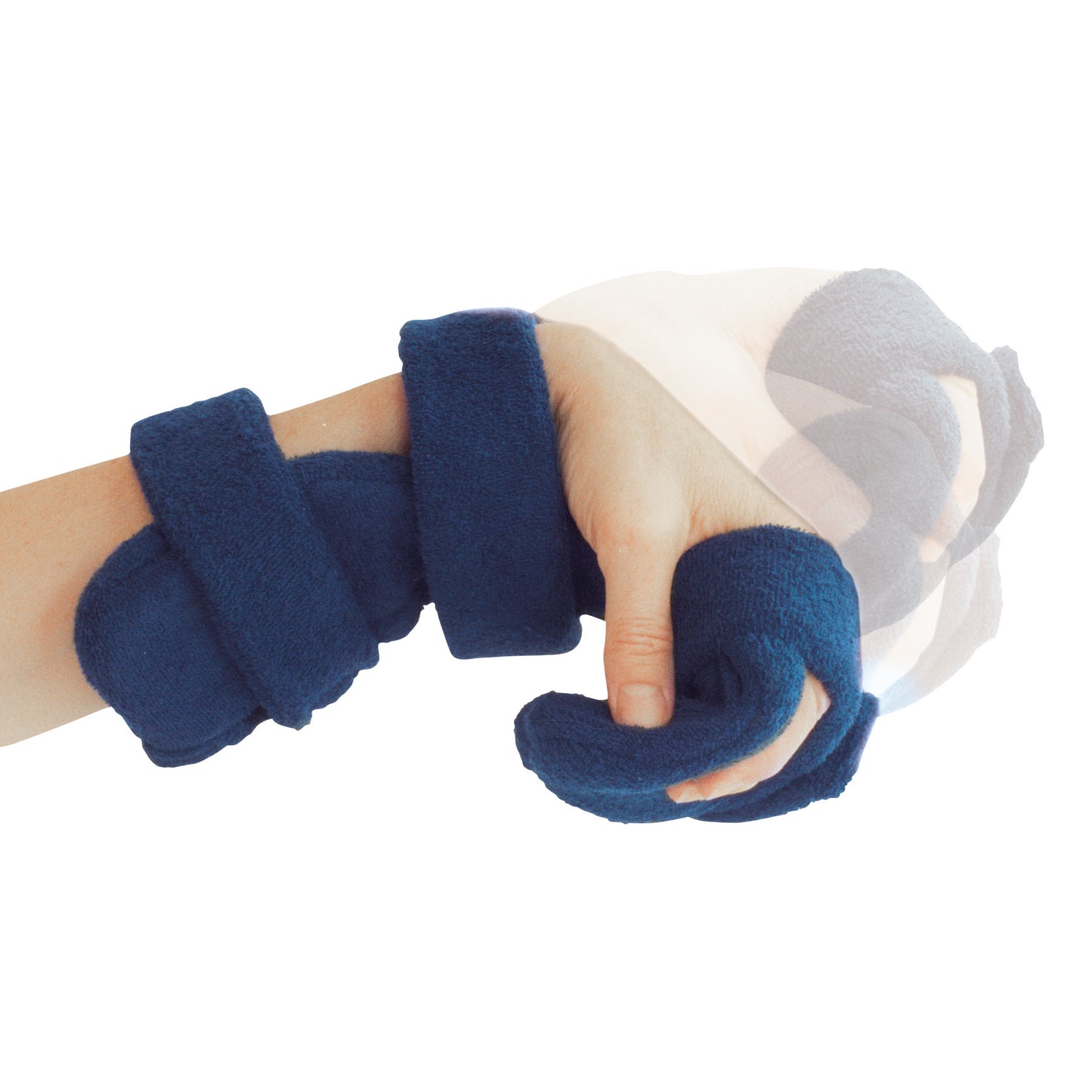 A hand wearing a Comfy Splints Adult Spring-Loaded Goniometer Hand/Wrist Orthosis. It's navy blue and designed for wrist support.