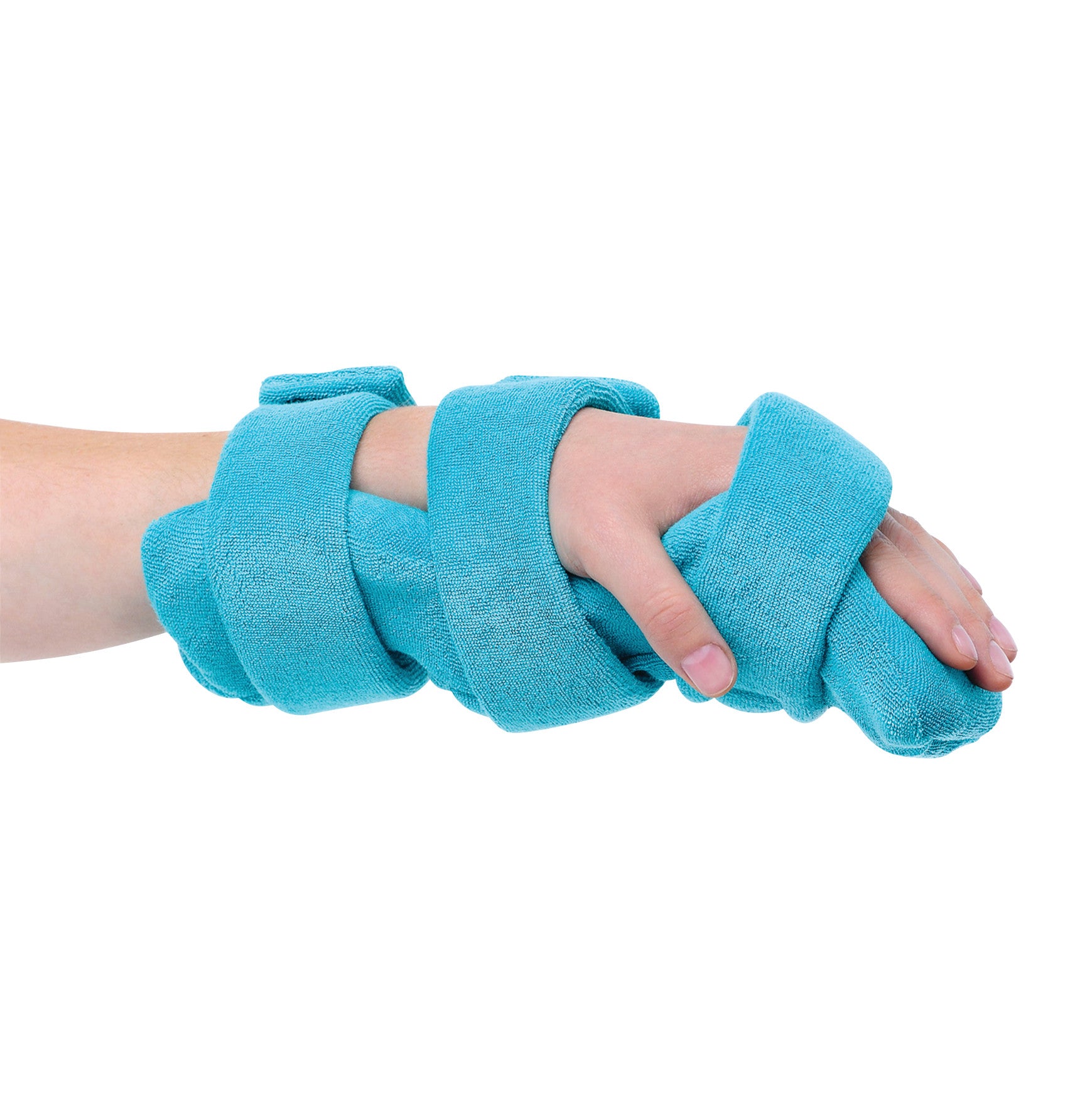A child's hand is wrapped in a turquoise Comfy Splints Pediatric Hand/Wrist Orthosis, providing support and stability.